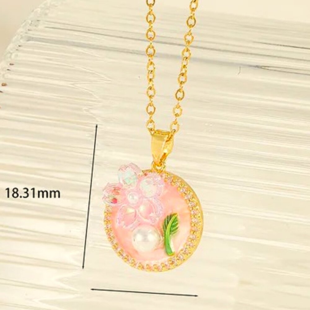 ROUND PINK ENAMEL 18K PLATED FLOWER MONTAGE ON ENAMEL 3D  DAINTY NECKLACE